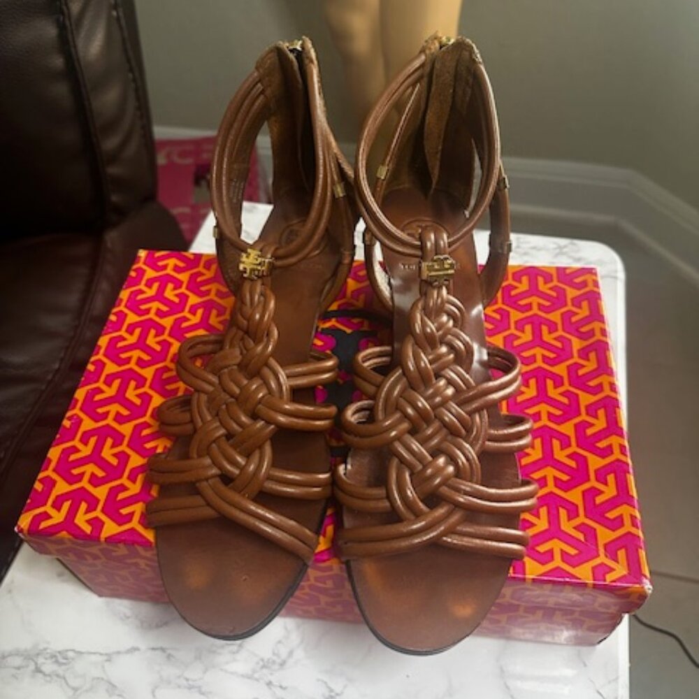 Tory Burch Brown Leather Woven Strappy Small Wedge Sandals Sz 8